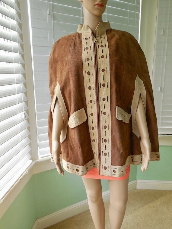 70s Suede LEATHER PONCHO Womens Suede Cape Hippie