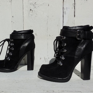 LACE up Ankle Boots NINE WEST Black Suede High Heel Boots