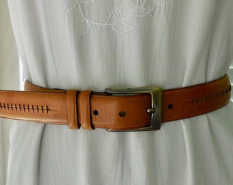 Men's Tan LEATHER Belt Vintage Leather Belt Detailed Stitching Solid Italian Brass Buckle Double Leather Belt Loops Bohemian Size 34 Spain