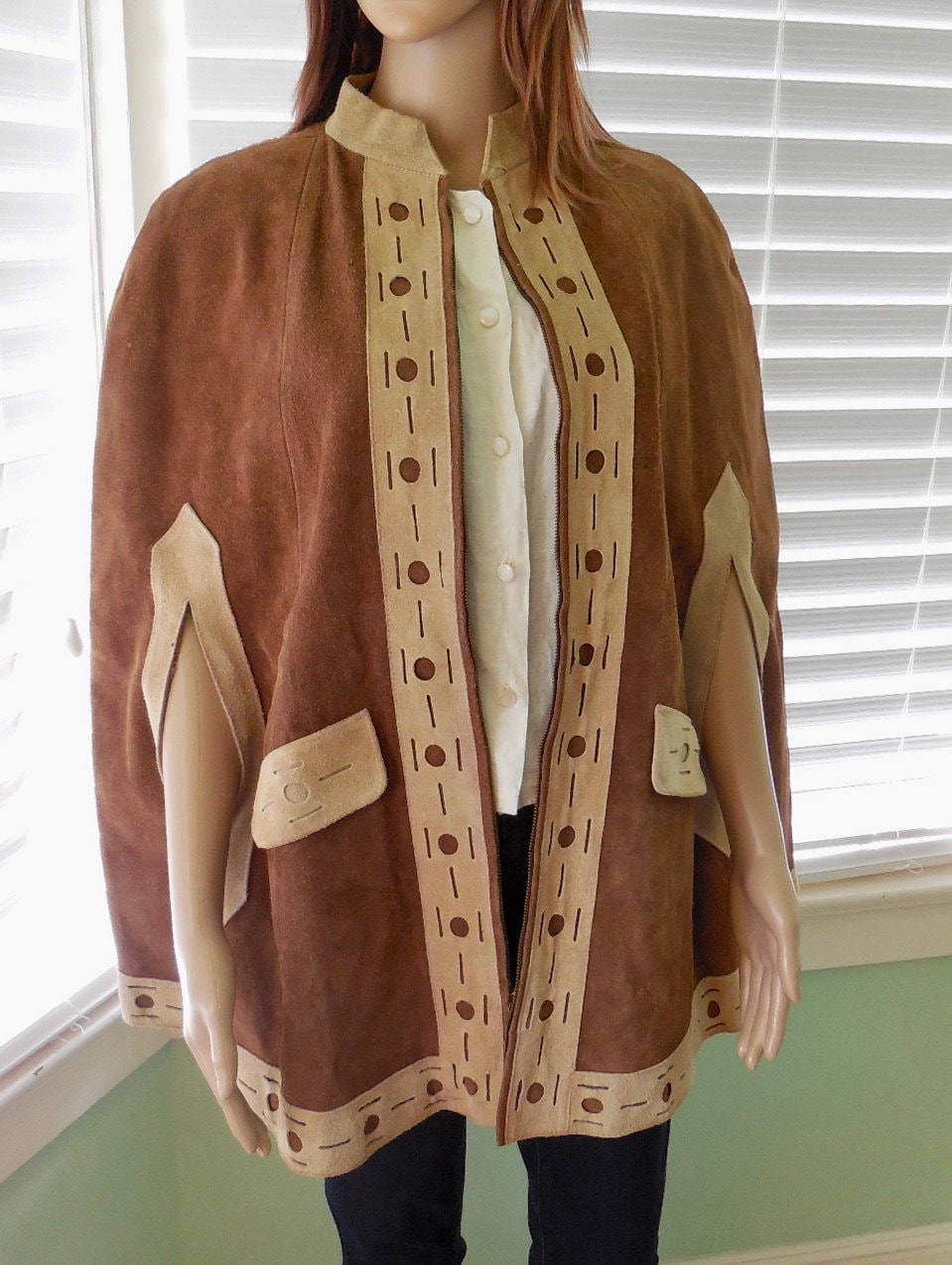 70s VINTAGE SUEDE PONCHO Suede Leather Cape Patchwork Suede Hippie 