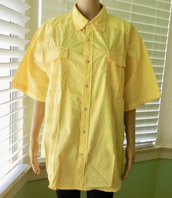 VINTAGE YELLOW Shirt Mens Short Sleeve Button Up L
