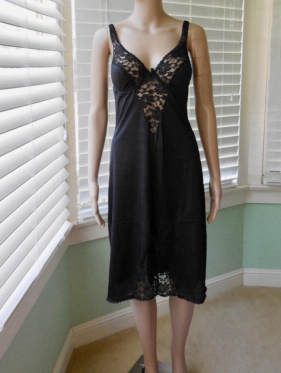 70s BLACK Lace Slip HENSON KICKERNICK Black Dress Slip Shapewear
