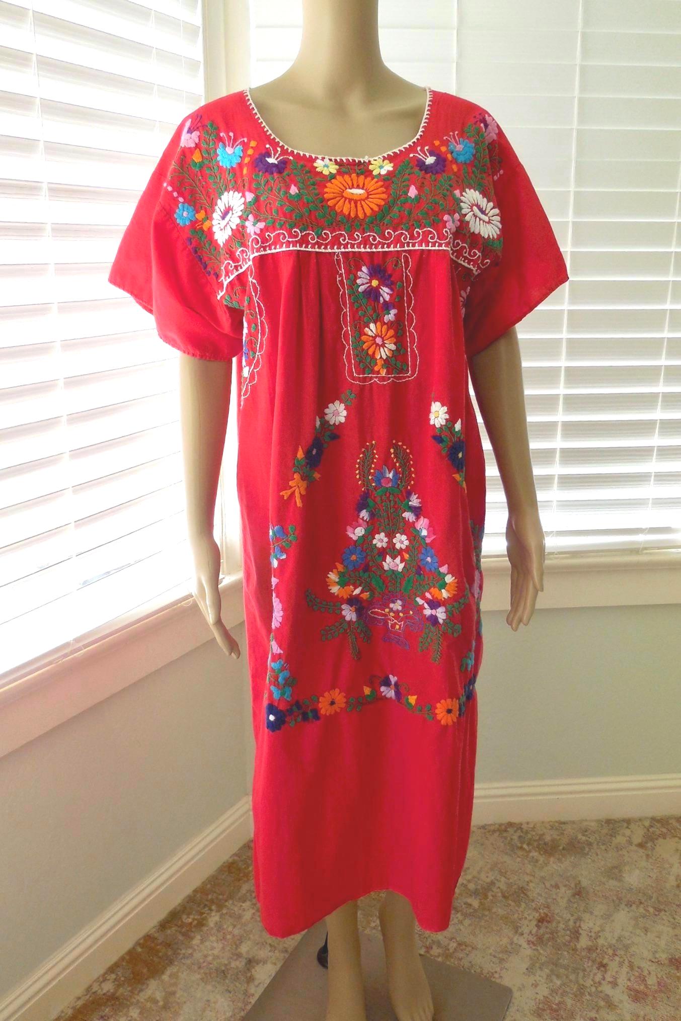 green emerald velvet dress Camila Red Floral Embroidered Mexican Dress- Vestido Mexicano Bordado Floral main image 0