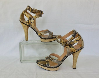 SNAKESKIN High Heel Sandals VIA SPIGA High Heel Stiletto Platforms Ankle Strap Buckle Snakeskin Stiletto Sandals Peep Toe Size 7.5M Italy