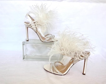 MARABOU Feather Sling Backs Embellished Rhinestone High Heel Sandals Champagne Wedding Heels Formal Open Toe Stiletto's Unworn Size 6.5