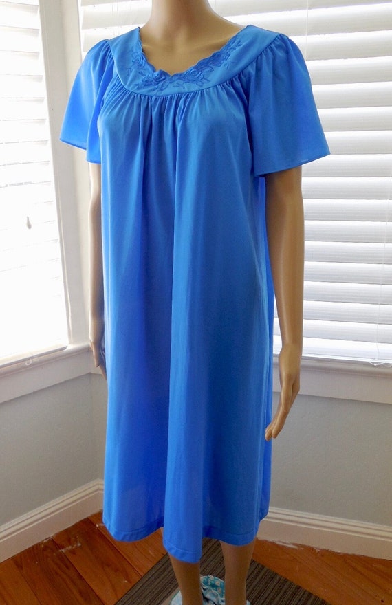 70's Blue NYLON Nightgown SHADOWLINE Short Sleeve 