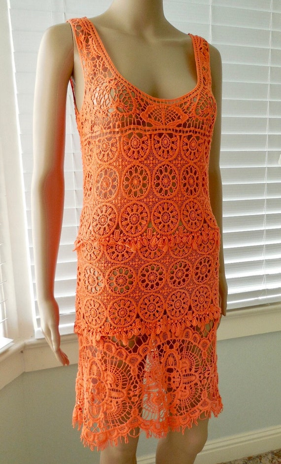 ORANGE Crochet DRESS See Through Crochet Dress Sl… - image 1
