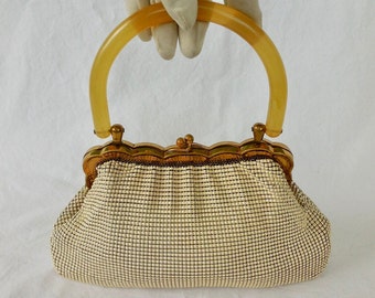 Vintage WHITING & DAVIS Purse Metal Mesh Purse Lucite Top Handle Clamshell Purse Ivory Mesh Pouch Purse Elegant Purse Evening Bag Kiss Clasp