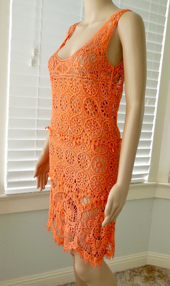 ORANGE Crochet DRESS See Through Crochet Dress Sl… - image 4