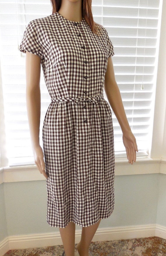 60s Brown CHECKER Dress LANZ ORIGINAL Brown N Whit