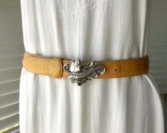 MOC CROC Belt BRIGHTON Cinch Belt Croc Embossed Faux Leather Belt Waist Belt Silver Leaf Prong Buckle Boho Hippie Belt Size 31 Small-Medium