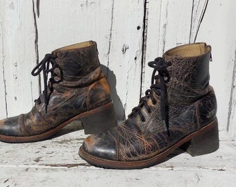 Botas de combate BED STU, botines de piel de dos tonos, botas con cremallera trasera, botas con cordones, botas Steampunk, botas de piel desgastada estilo grunge, talla 9.5