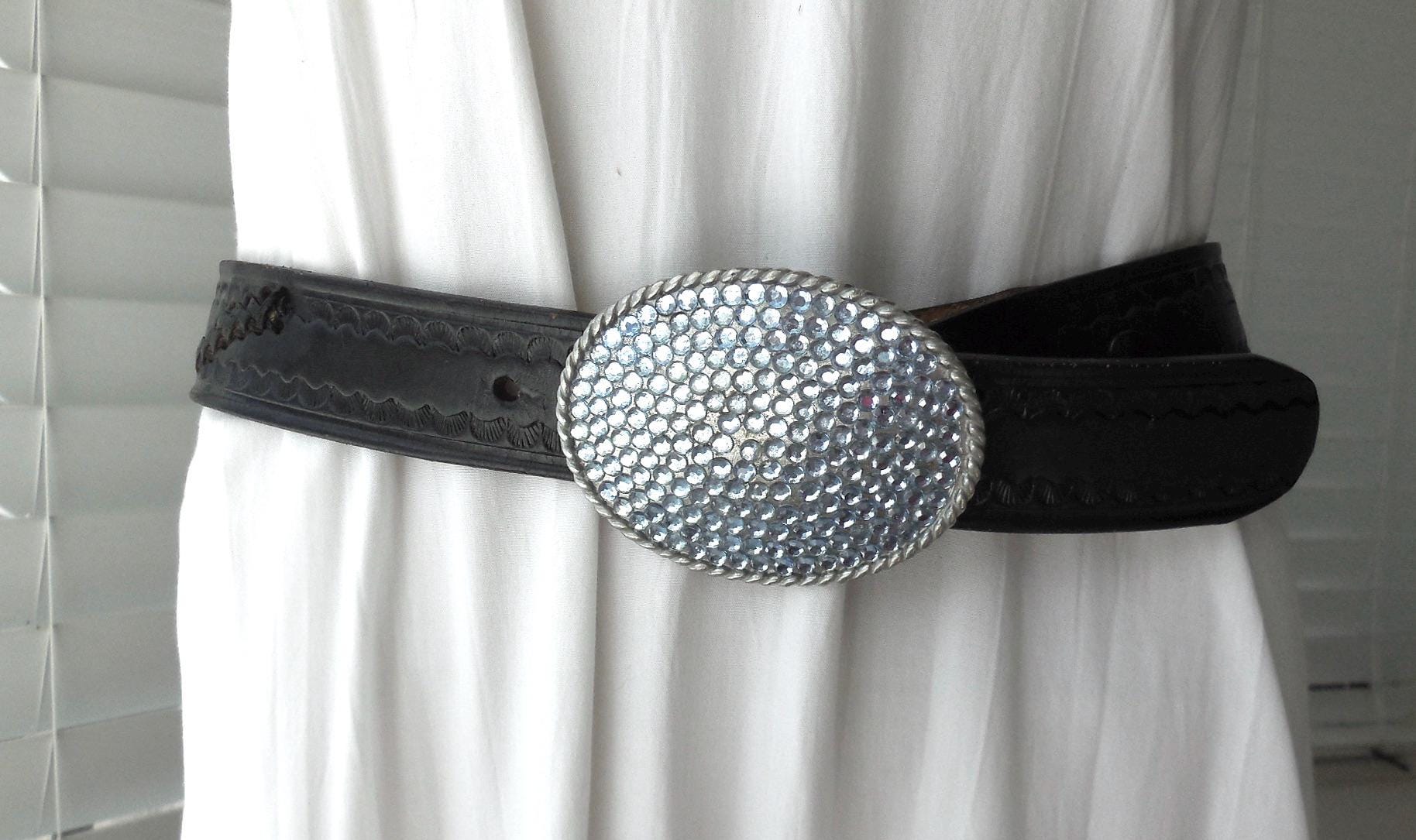 RHINESTONE Buckle Black LEATHER BELT Thick Cowhide Leather  display picture 2