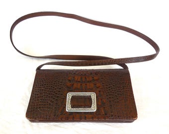 Bolsa de couro MOC Croc Purse BRIGHTON, bolsa de ombro tipo carteira, bolsa clutch de couro com relevo, alça de ombro removível, bolsa de couro marrom escuro