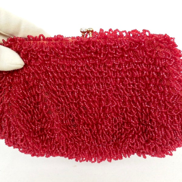 RED Beaded Clutch JOLLES ORIGINAL Loop Beaded Clutch Small Beaded Bag Elegant Red Pouch Purse Rhinestone Kiss Clasp Opera Bag