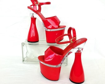 RED PATENT Leather MEGA Platforms 7" Monster High Heels Peep Toe Ankle Strap Pleasers Pole Dancer Platforms Clear Plastic Size 36 Eu 6 Us