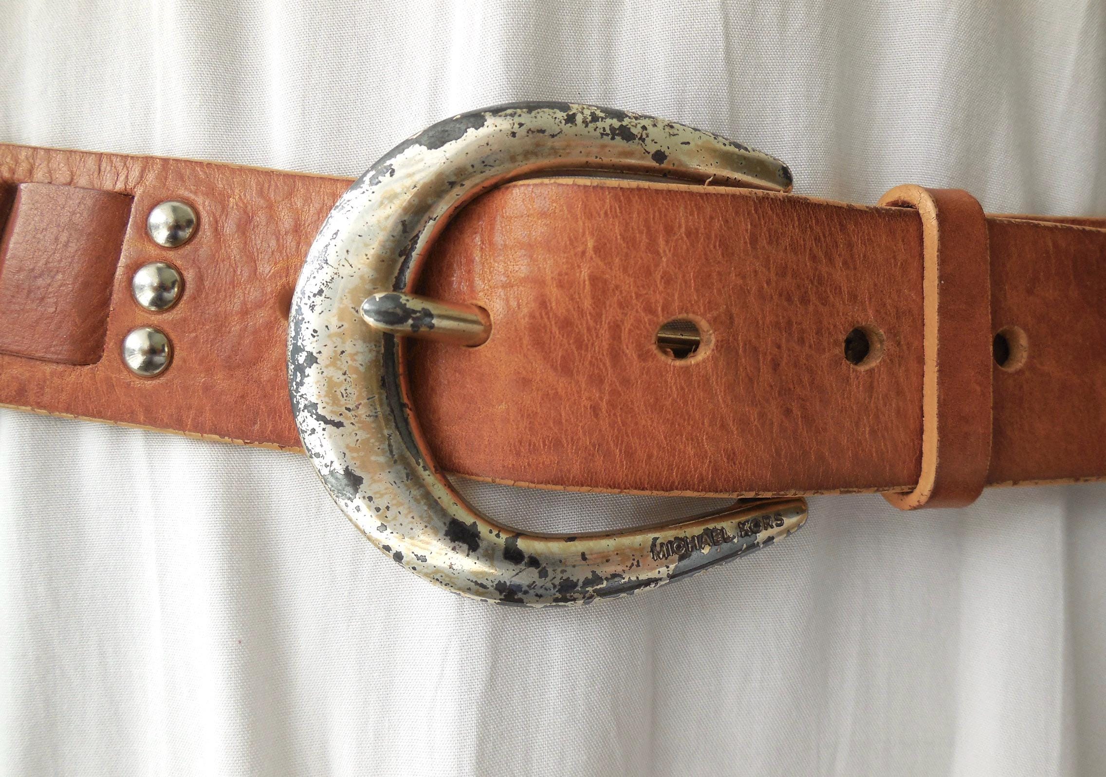 Michael Kors Big Buckle Tan Embroidered Wide Leather Waist Belt Boho Western L Southwestern Embroidery Top Grain Leather Belt - Western Express main image 2