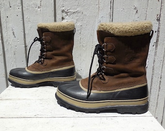 DUCK BOOTS Size 14 SOREL Caribou Rubber Sole Lace Up Rainboots All Weather Hunting Boots Fleece Lined Waterproof Leather Snow Boots Size 14