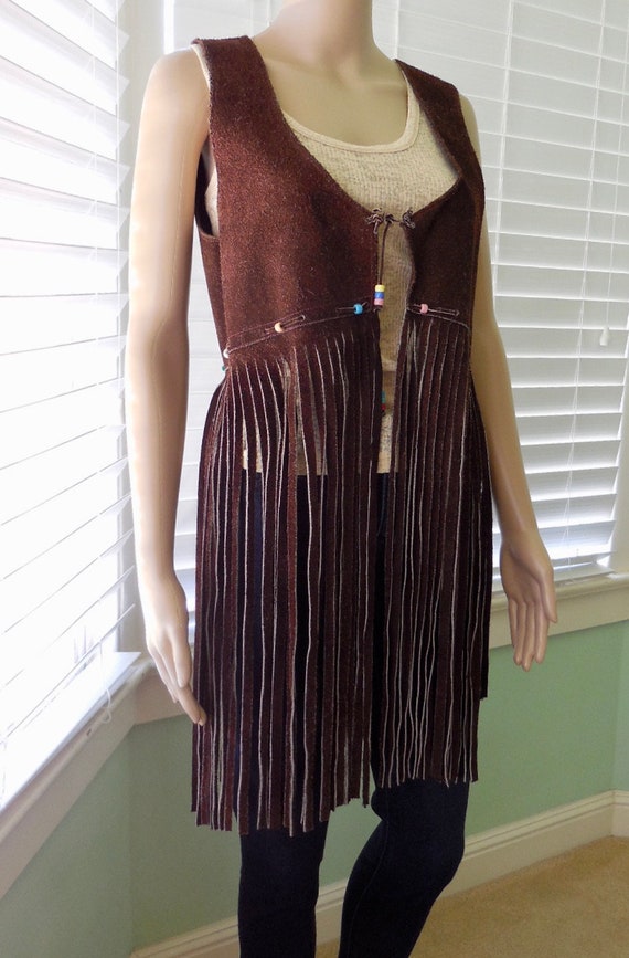 70s LEATHER FRINGE Vest Hippie Vest Suede Fringe V