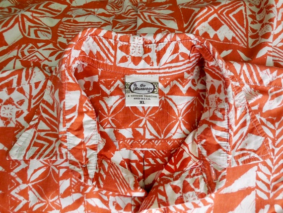 Vintage HAWAIIAN Shirt GO BAREFOOT Tribal Print C… - image 10