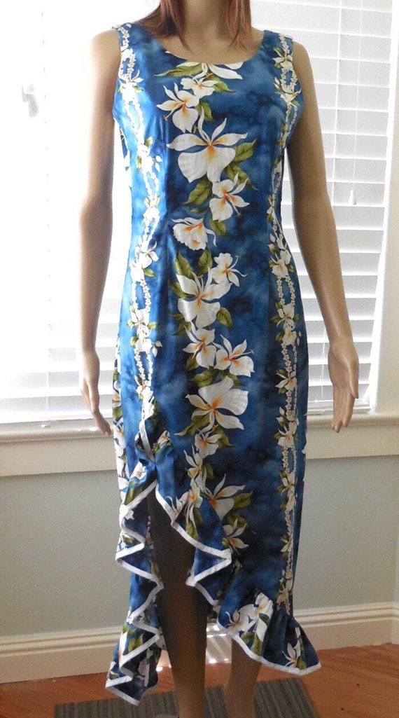HAWAIIAN Mu'u Mu'u JADE FASHIONS Tropical Maxi Dress Split Front Ruffle Dress Blue White Cotton Floral Fitted Tunic Dress Size 2-4 Petite