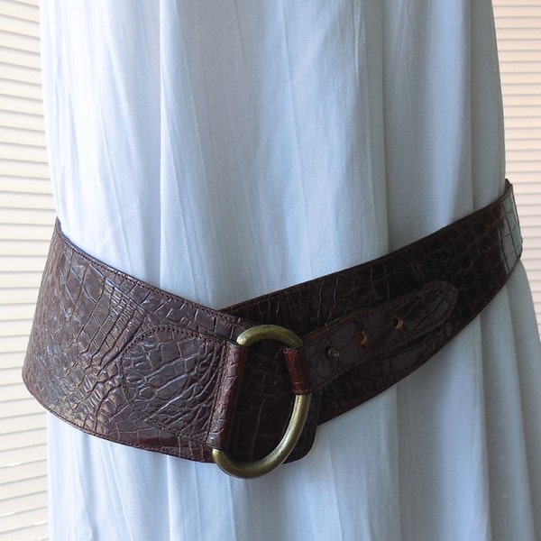 Vintage JOAN & DAVID Belt Faux Alligator Belt Wide Waist Brown Leather Belt Western Rockabilly Cowboy Accessories 90's Ladies Size Large USA