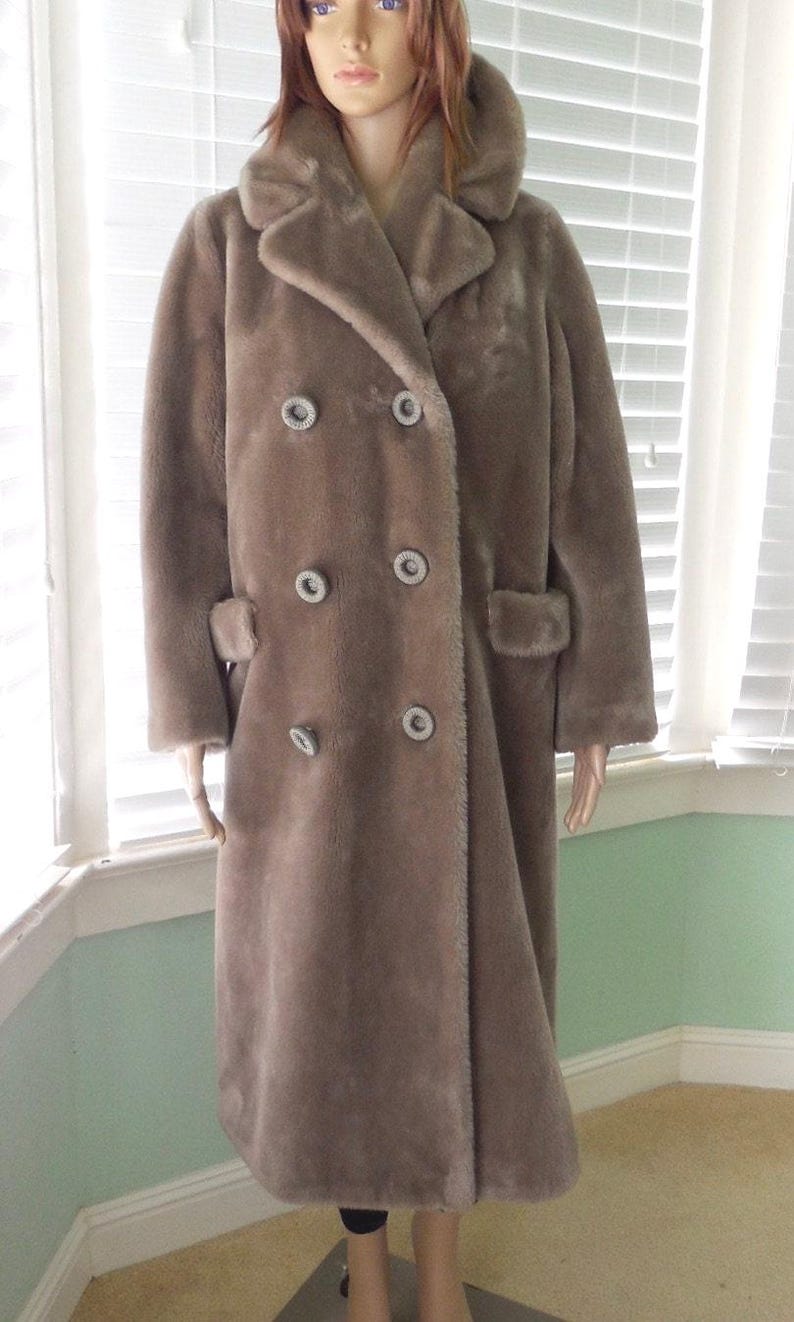 60s FAUX Fur Coat GROSSMANS Vintage Faux Fur Coat Plush Winter Coat Double Button Full Length Stroller Coat Size Medium image 2