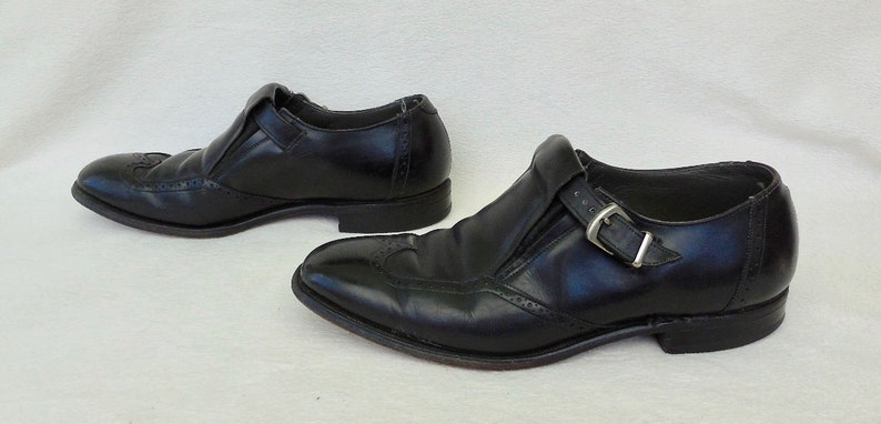 MONK Shoes JOHNSTON & MURPHY Aristocraft Vintage Black Leather Wingtips Buckle Strap Steampunk Beatnik Beatles Shoes Made In Usa Mens Size 9 image 4