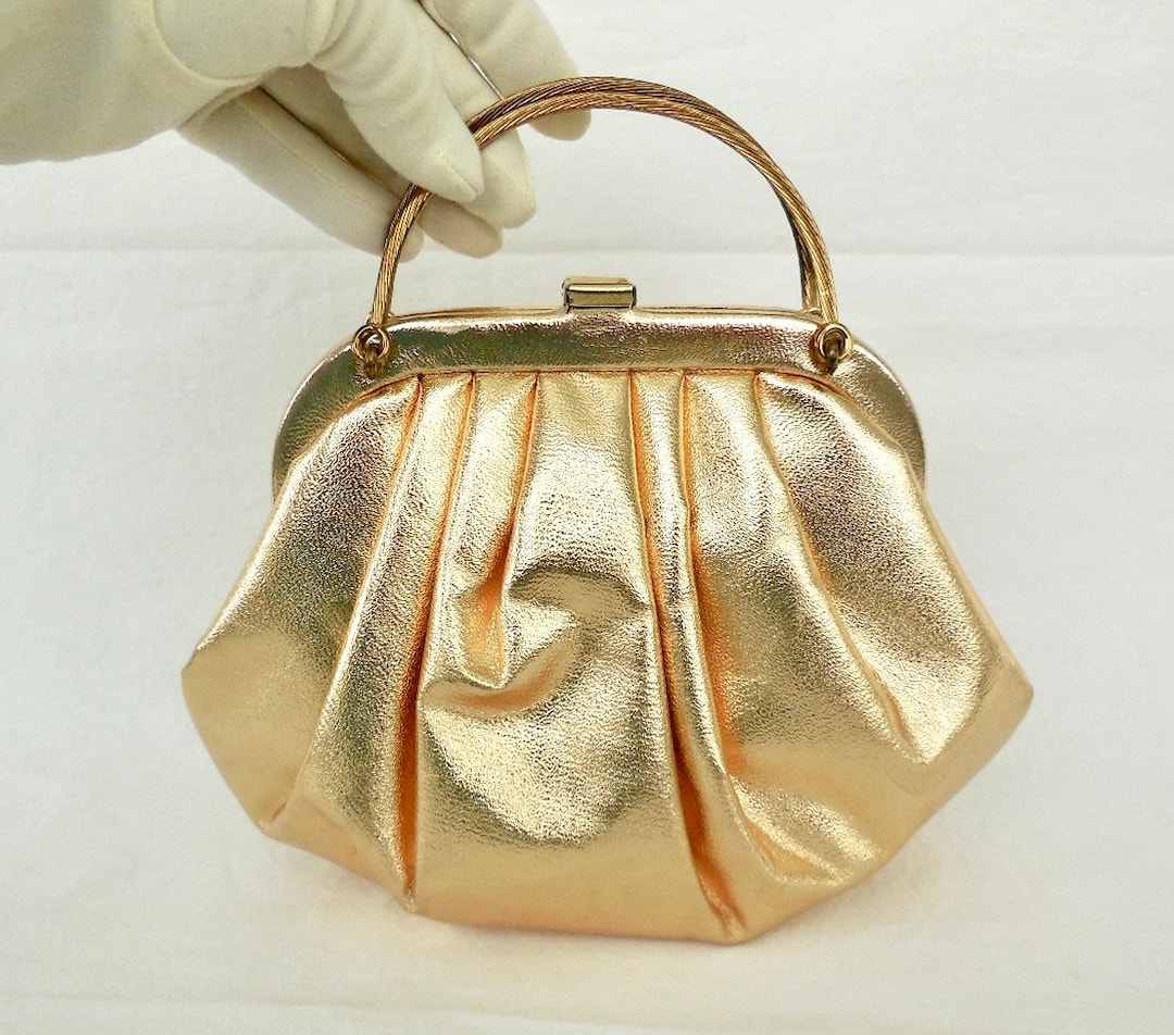 GOLD Lame Purse CLAMSHELL Purse Gold Pouch Purse Metal Top Handle Purse