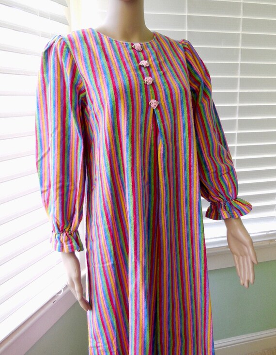 70's FLANNEL NIGHTGOWN Long Striped Cotton Flanne… - image 3