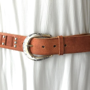 STUDDED Leather Belt MICHAEL KORS Tan Leather Belt Waist Belt Large Silver Tone Distressed Buckle Western Belt Boho Cowgirl Belt Size 34