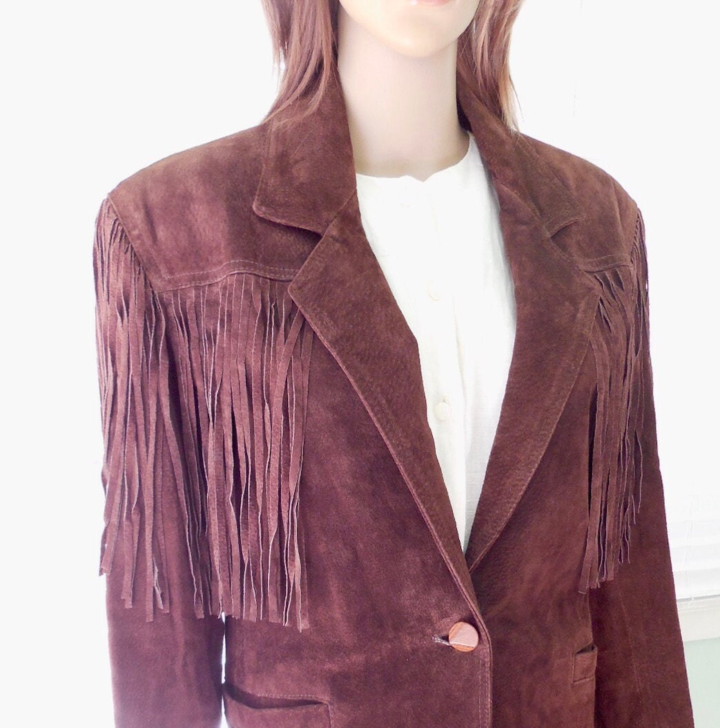 suede tassel jacket // vintage light camel suede blazer // gold buttons fringe // boho leather jacket