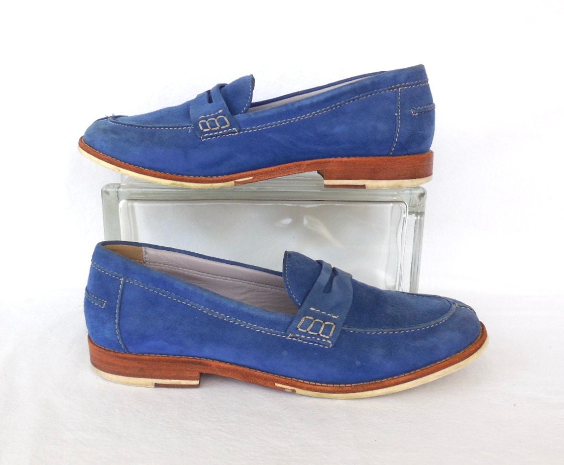 Blue SUEDE Shoes JOHNSTON & MURPHY Womens Suede Penny Loafers 