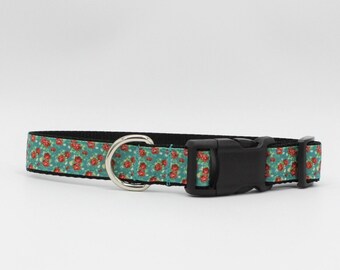 May include: A teal dog collar with a floral pattern of red roses and white accents. The collar has a black backing, a silver metal D-ring, and a black plastic buckle. The collar is approximately 0.75 inches wide.