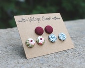Fabric Button Earring Trio - Burgundy, Navy Speckle, Pink and Sage Colourful Studs Multi Pack Earrings Covered Buttons Fall
