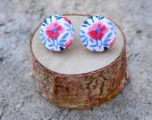 Flower Fabric Button Earrings Coral Blue White Tiny Floral Earrings Vintage Earrings Covered Buttons Everyday Studs