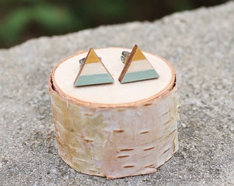 Mustard and Mint Wood Triangle Geometric Earrings // Triangle Earrings // Striped Earrings // Color Block Earrings // Hand Painted Studs
