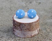 Polka Dot Fabric Button Earrings Chambray Denim Retro Earrings Trendy Earrings Covered Buttons Fabric Studs Blue