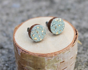 Wood Circle Earrings / Mint Sparkle Studs / Galaxy Wood Earrings / Lt. Green Geometric Earrings / Glitter Studs / Minimal Earrings / Gift