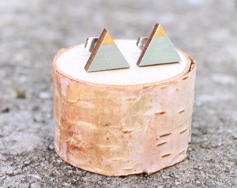 Wood Triangle Earrings // Mint Gold Mountain Studs // Geometric Jewelry // Hand Painted Bridesmaids Studs // Lt. Green Everyday Studs