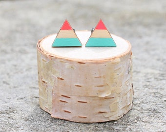 Wood Geometric Earrings // Simple Pink Triangle Earrings // Aqua and Fuchsia Earrings // Color Block Earrings // Hand Painted // Everyday