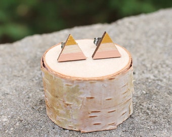 Wood Triangle Earrings // Trendy Geometric Studs // Peach Mustard Earrings // Color Block Earrings // Hand Painted Studs // Gift for Her