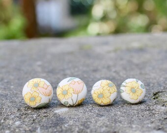 Fabric Button Earrings / Yellow Peach Floral Studs / Vintage Studs / Retro Earrings / Covered Buttons / Studs / Tiny Flower Earrings / Gift