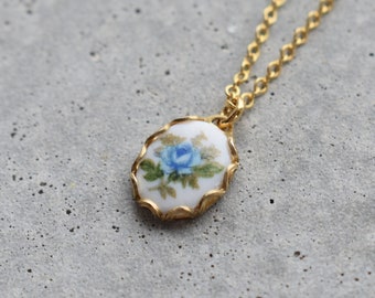 Vintage Floral Blue Rose Necklace // Colourful Flower Pendant // Floral Gold Necklace // Antique Necklace //  Girlfriend, Friend, Gift