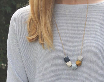 Geometric Wood Necklace // Navy + Gold Faceted Necklace // Statement Hedron Necklace // Blue - Cream - Gold // Hand Painted Necklace
