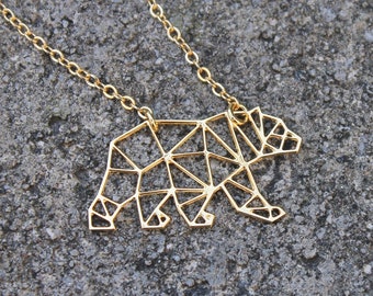 Small Bear Necklace / Gold or Silver / Geometric Minimal Necklace / Constellation Polar Bear Necklace / Origami Animal / Grizzly Bear