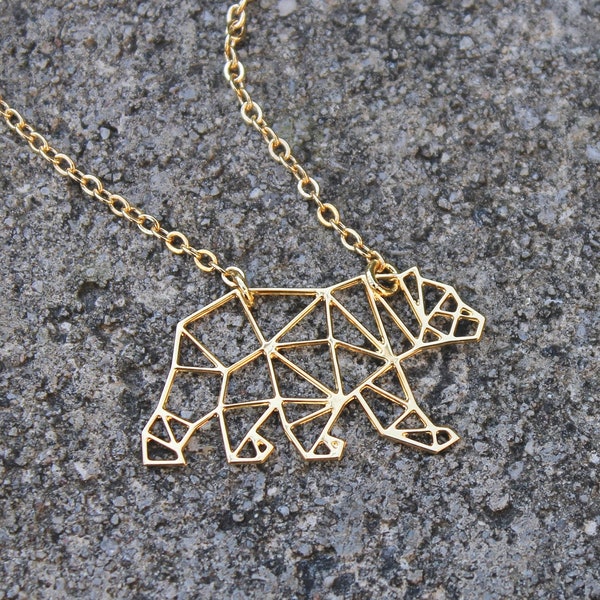 Small Bear Necklace / Gold or Silver / Geometric Minimal Necklace / Constellation Polar Bear Necklace / Origami Animal / Grizzly Bear