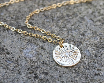 Evil Eye Crystal Necklace // Third Eye Gold Disc Necklace // Dainty Minimal Layering Necklace / Protection Necklace / Simple Everyday / Gift