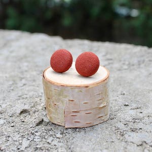 May include: A pair of small, round, terracotta-coloured earrings on a small birch log.