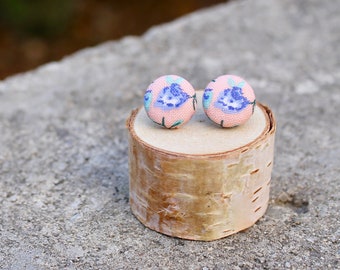 Fabric Button Earrings // Floral Peach Blue // Vintage Studs // Retro Earrings // Covered Buttons // Studs // Tiny Flower Colorful Earrings